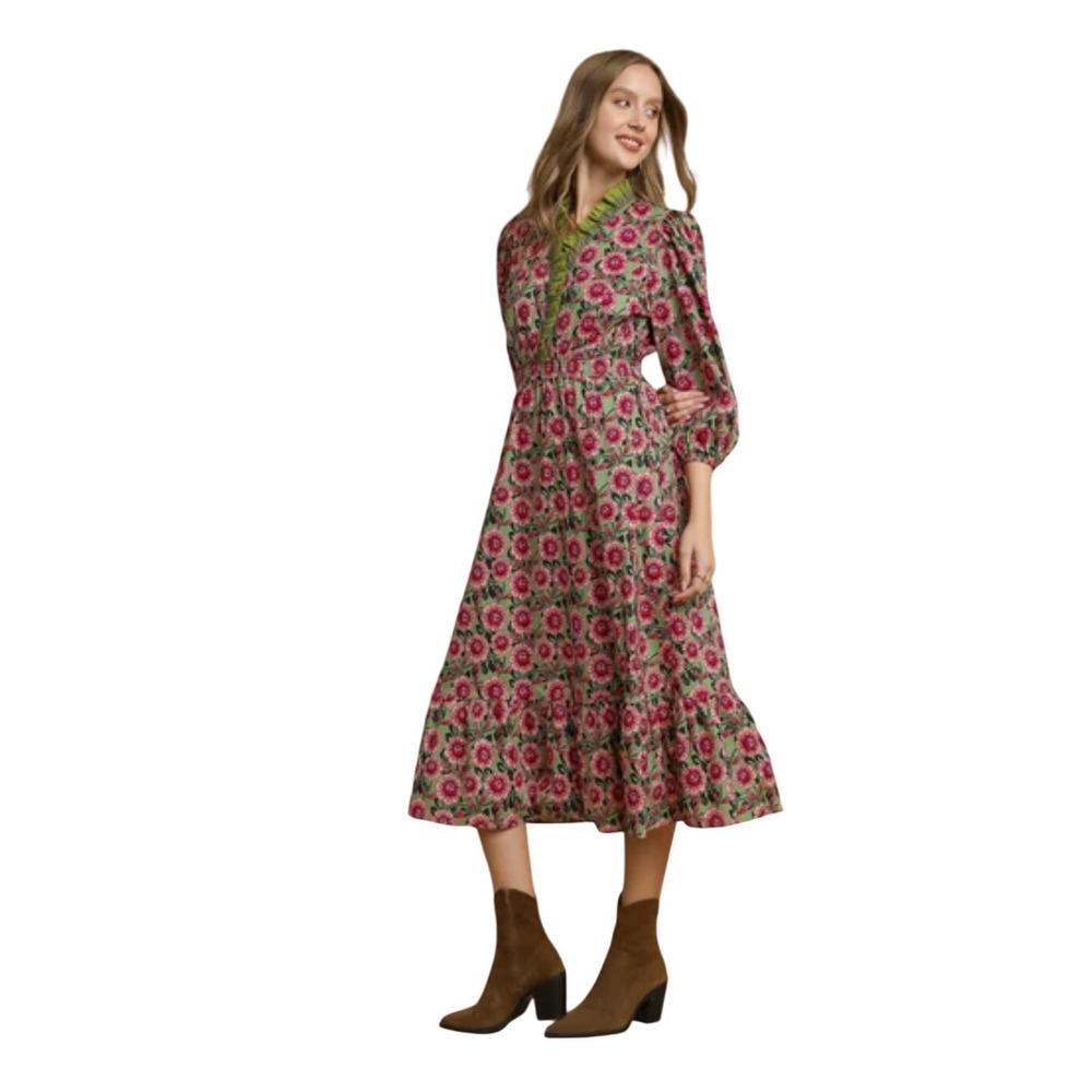 Umgee Floral Midi Dress Pink Green Cotton Ruffle V-Neck Puff Sleeve Large Boho